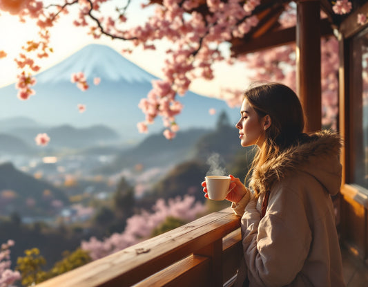 Voyageur buvant un matcha face au mont Fuji au lever du soleil, ambiance zen agence de voyage japon