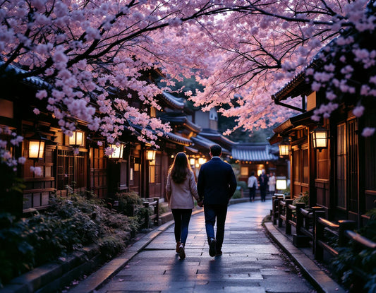 Couple découvrant un sanctuaire caché sous cerisiers à Kyoto, image agence voyage japon inspirante