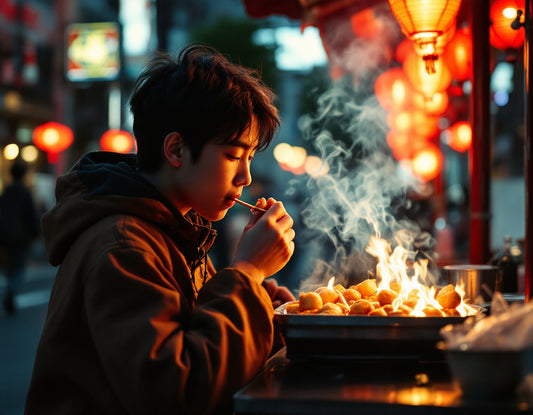 Gourmand saisit un takoyaki fumant sous lanternes rouges, ambiance osaka japan street food animée.