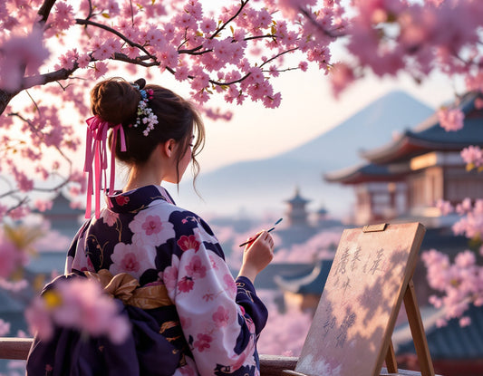 Création paisible : kimono, temple et sakura au lever du jour, évoquant le meilleur voyagiste japon.