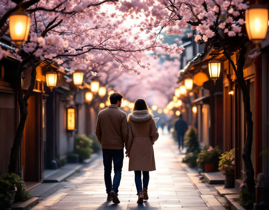 Un couple sous lanternes et cerisiers en fleurs à Kyoto, agence de voyage au japon pour les guider.