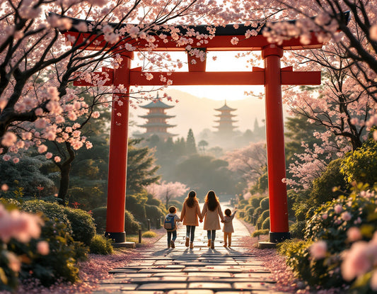 Famille à Kyoto sous cerisiers en fleurs et torii, pagode lointaine en vue - japon en famille voyage