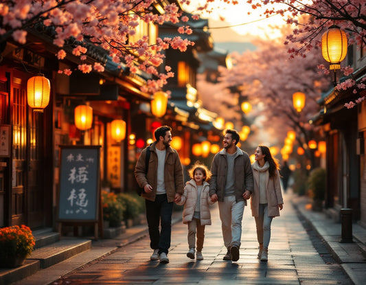 Famille sous lanternes à Kyoto, cerisiers en fleur, évoque un voyage au japon en famille.