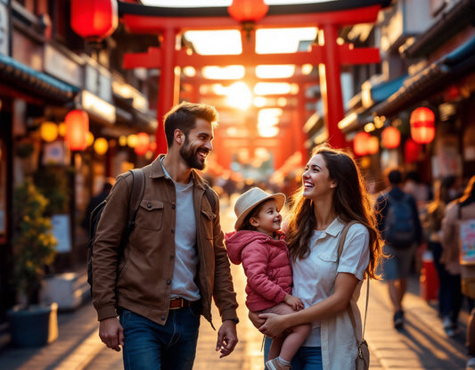 Famille explorant un marché à Kyoto sous torii et lanternes lors d’un voyage famille japon mémorable