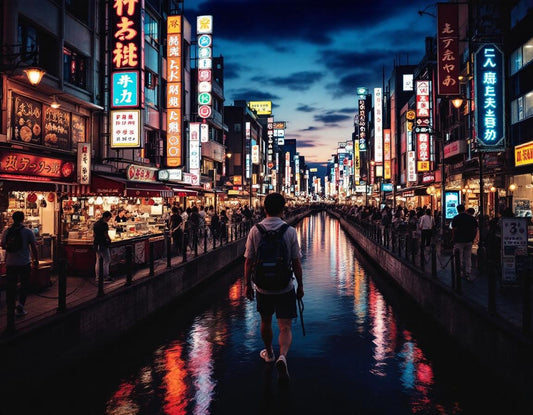 Voyageur découvre un marché nocturne d'Osaka baigné de lanternes colorées et d'étals variés. visiter osaka en 3 jours
