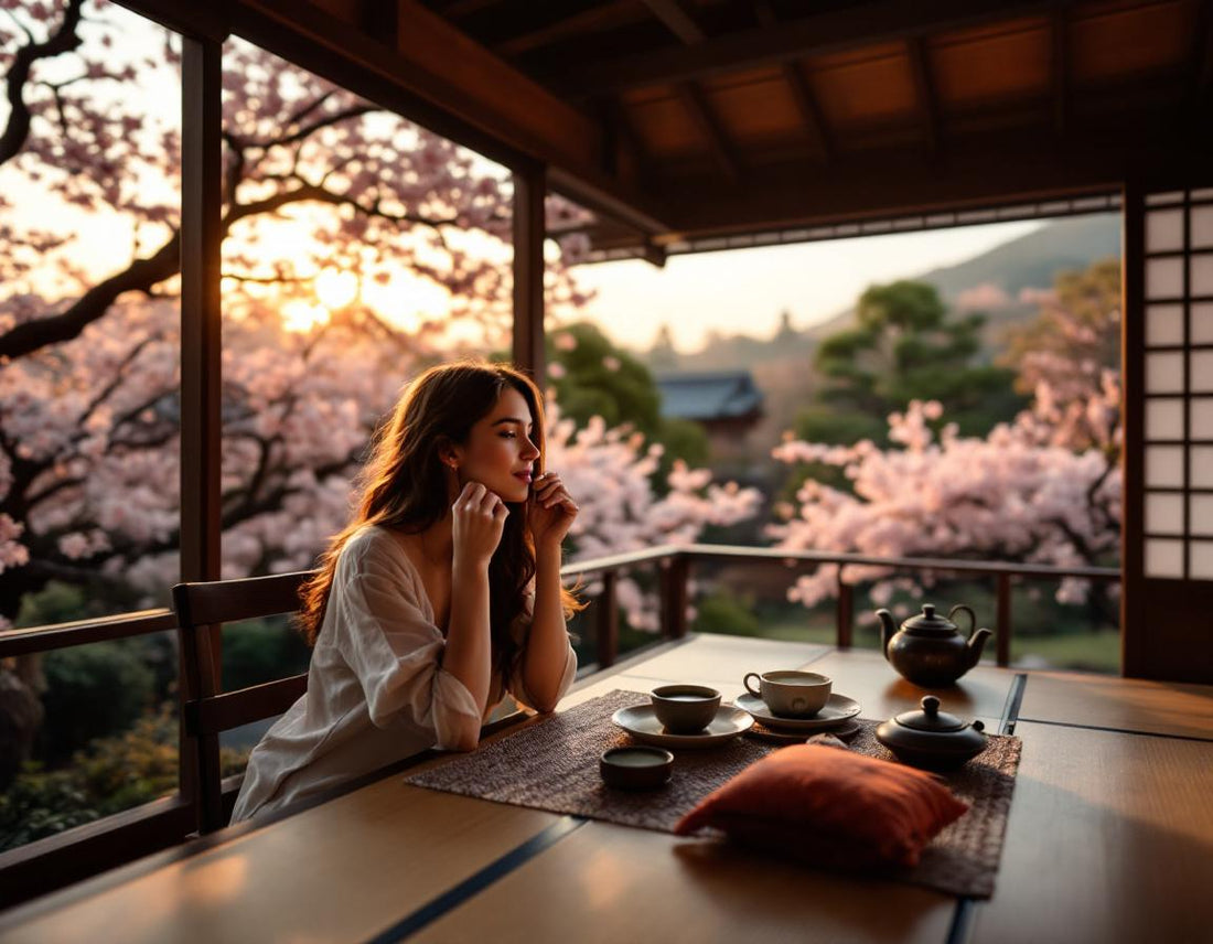 Un blogueur en voyage japon blog sirote un thé matcha sous les cerisiers en fleurs à Kyoto.