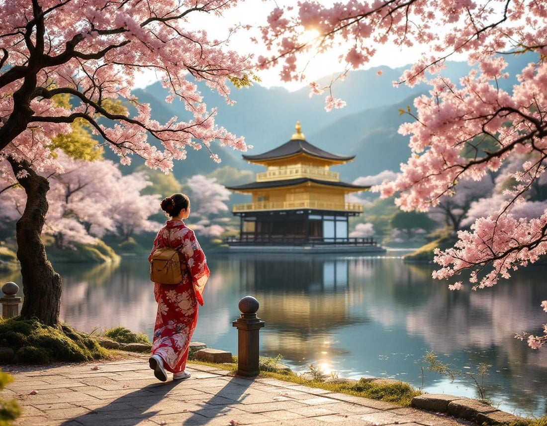 Une femme en kimono devant le pavillon d'or en reflet à kyoto kinkaku, dans un jardin zen paisible.