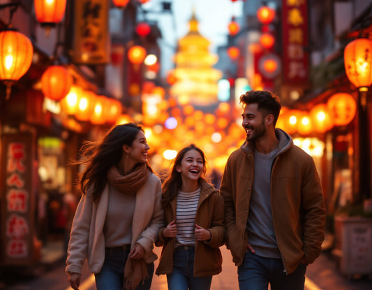 Famille souriante dans une ruelle japonaise aux lanternes, évoquant un voyage en famille au japon