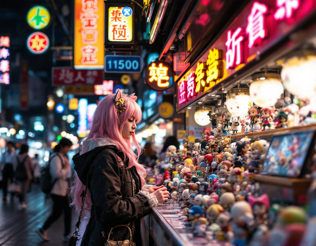 Une cosplayer explore osaka nipponbashi denden town sous néons, découvrant figurines colorées.