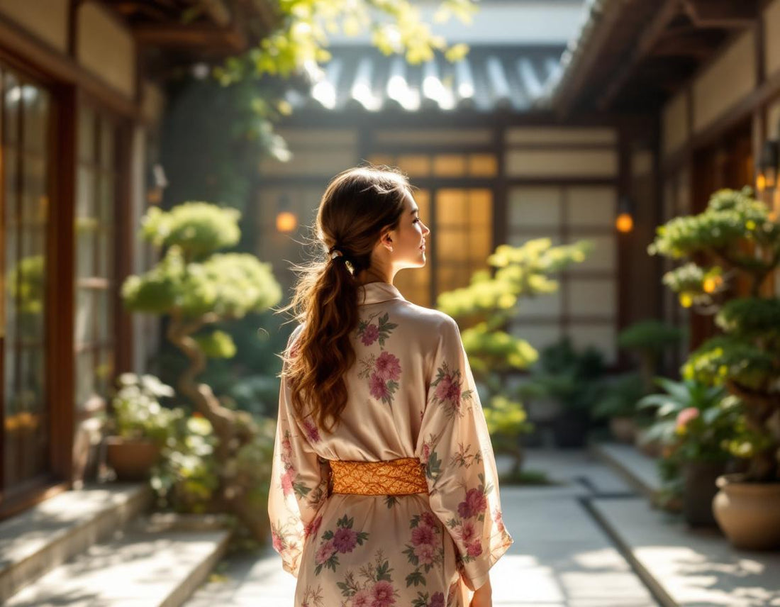 Voyageur en kimono dans la cour paisible d’un hotel japaning kyoto, lanternes sous une lumière douce