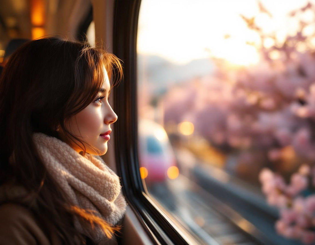 Train tokyo kyoto train, passager contemple les cerisiers en fleurs depuis la fenêtre du train.