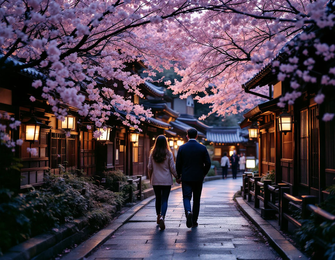 Couple découvrant un sanctuaire caché sous cerisiers à Kyoto, image agence voyage japon inspirante