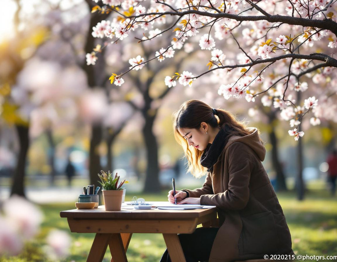 Artiste esquisse une fleur de cerisier sur un bureau baigné d'une lumière douce dans un parc.