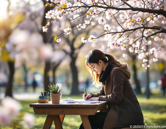 Artiste esquisse une fleur de cerisier sur un bureau baigné d'une lumière douce dans un parc.