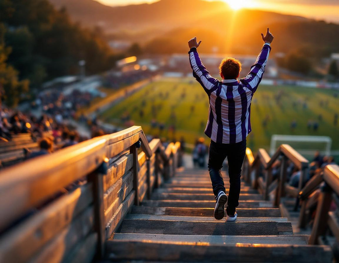 Supporter de sanfrecce hiroshima gravissant les gradins au crépuscule, énergie et passion vibrante