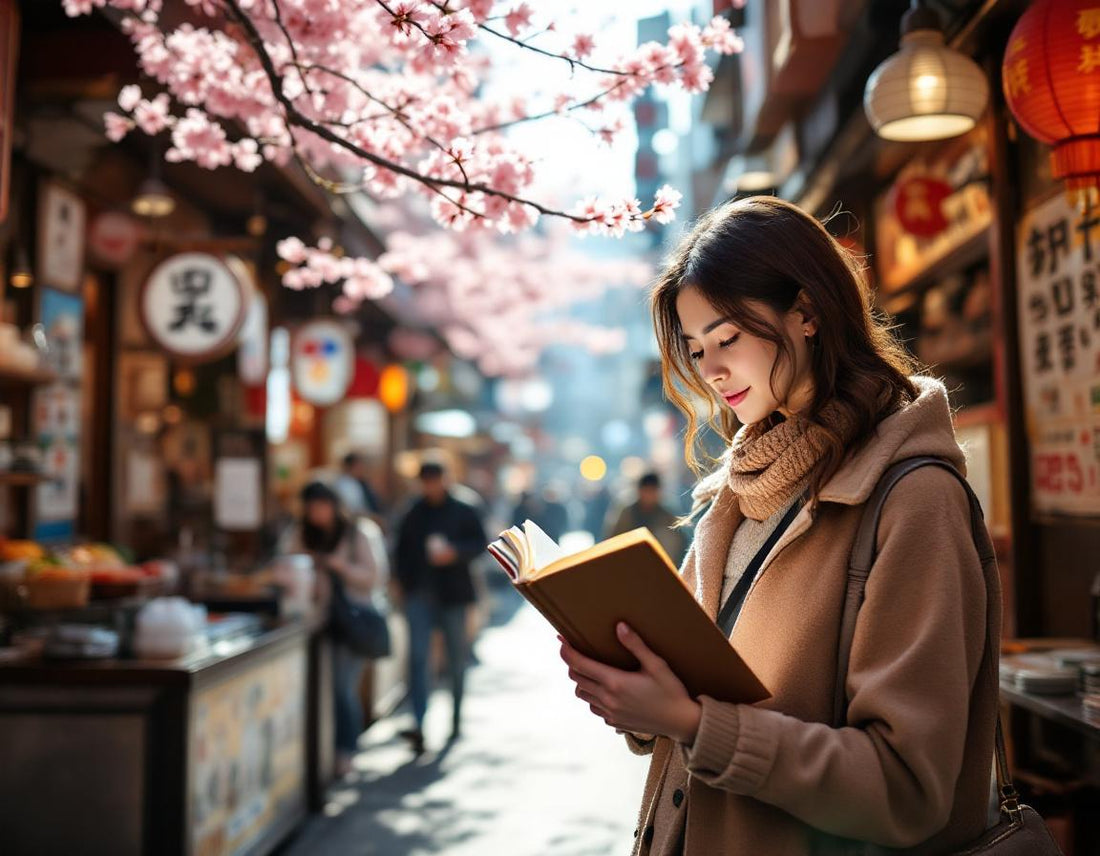 Une voyageuse consulte son budget sous fleurs de cerisier évoquant le prix d un voyage au japon.