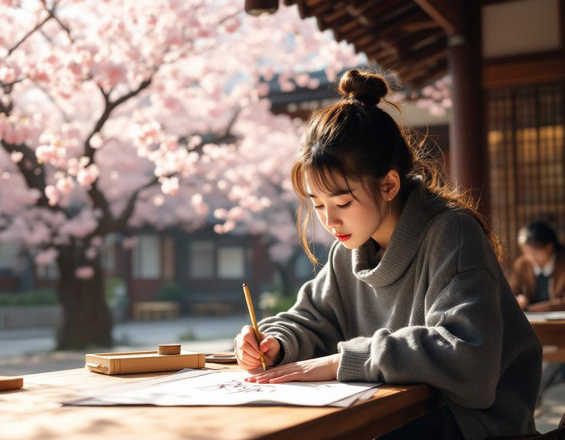 Un élève à vélo dans le jardin du lycée kyoto sous les cerisiers en fleurs au lever du soleil
