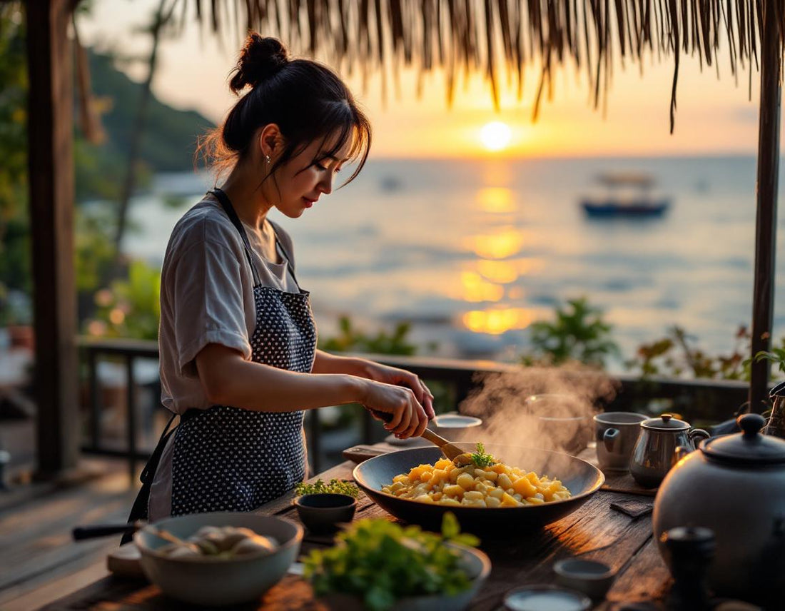 Femme préparant une salade d’igname d’Okinawa sur une terrasse, symbole du régime okinawa