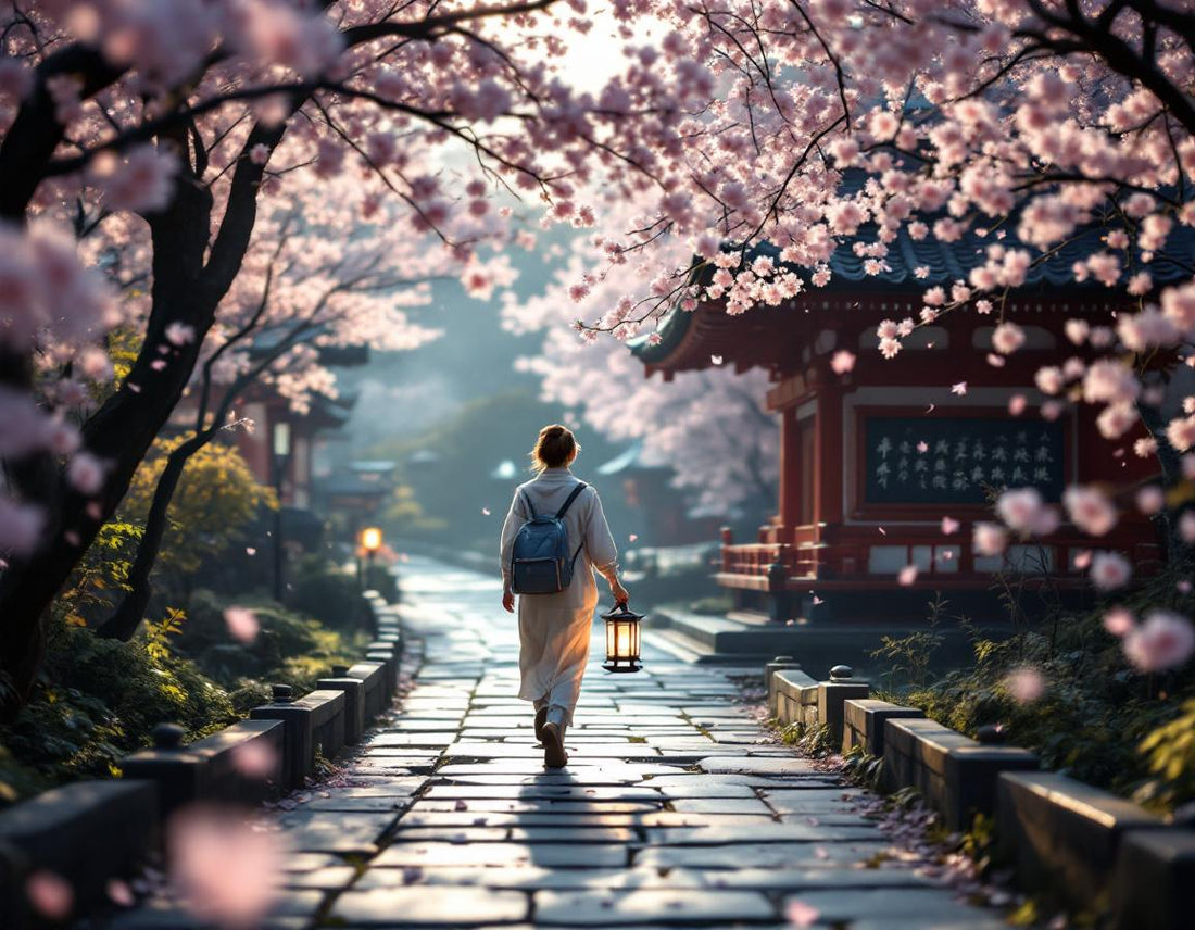 Visiteur dans un jardin de Kyoto avec cerisiers en fleurs, ambiance zen, évocation du japon voyage.