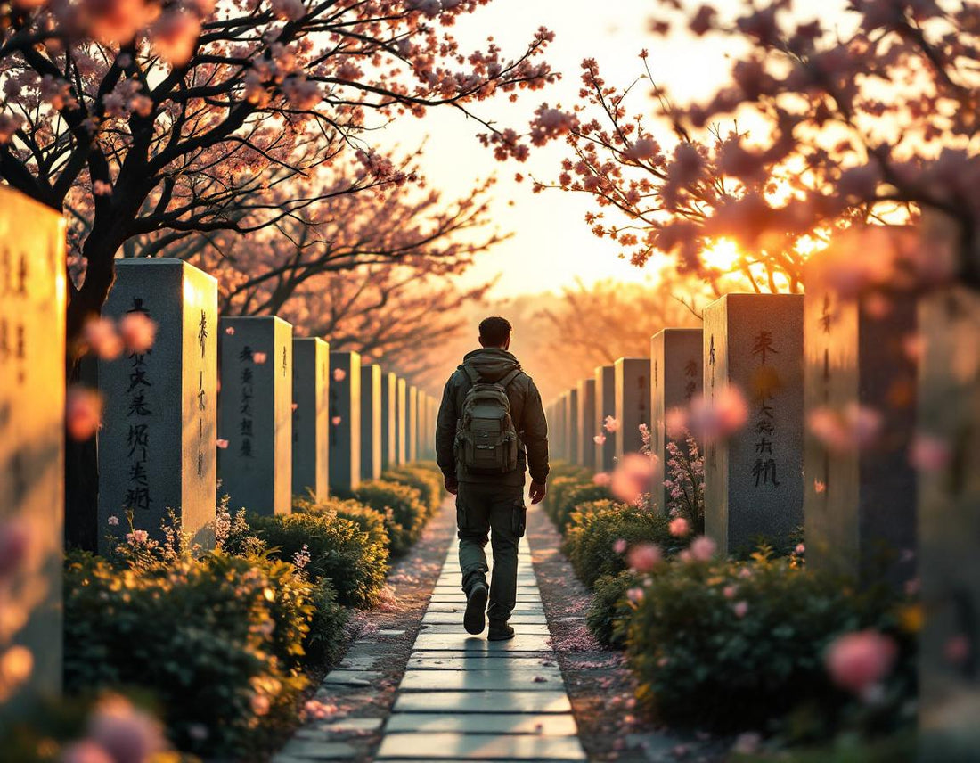 Un vétéran marche dans un jardin mémorial évoquant la bataille d okinawa parmi les cerisiers.