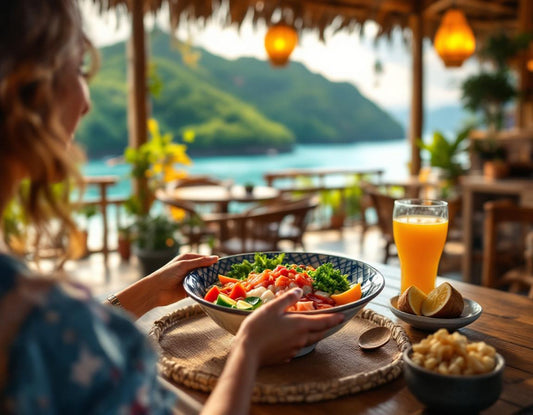 Client dégustant bol poke en terrasse d'un restaurant okinawa face à l'océan, atmosphère zen.