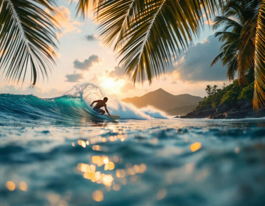 Un surfeur fend les vagues turquoises au lever du jour sur une plage isolée de okinawa prefecture.