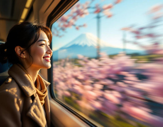 Voyageuse admirant les cerisiers en fleurs depuis un train tokyo kyoto, Mont Fuji en arrière-plan.