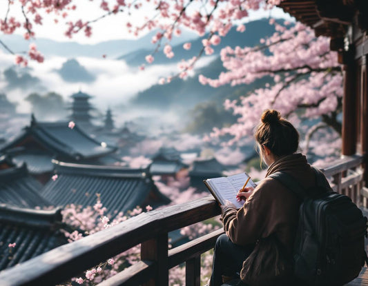 Voyageur esquisse un temple depuis une véranda, brume et pétales de cerisier. carnet de voyage japon
