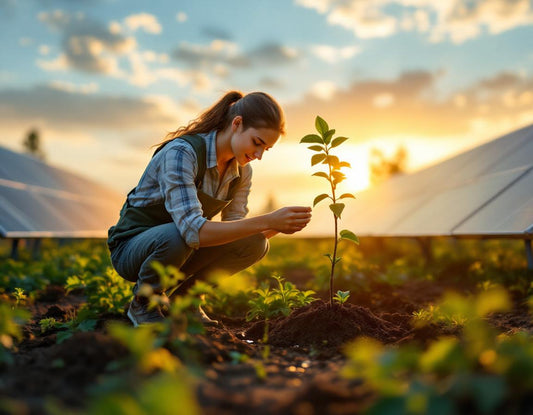 Scientifique plante un arbre au lever du soleil dans un jardin durable selon le protocole de kyoto.