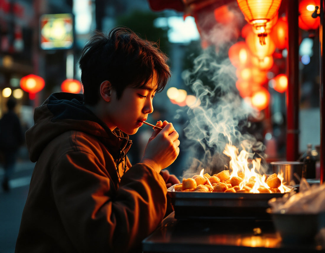 Gourmand saisit un takoyaki fumant sous lanternes rouges, ambiance osaka japan street food animée.