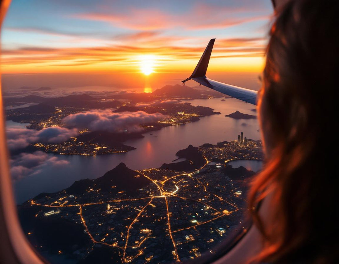 Voyageur contemple coucher de soleil depuis l’avion, vol okinawa tokyo offrant vue panoramique.