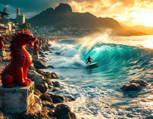 Surfer à Okinawa sur vague turquoise au couchant, célébrant okinawa and japan en lumière dorée.