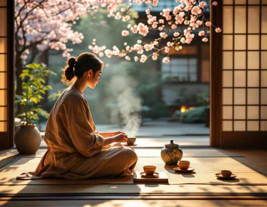 Un hôte savoure une cérémonie du thé dans un ryokan kyoto paisible, tatamis et cerisiers en fleurs.