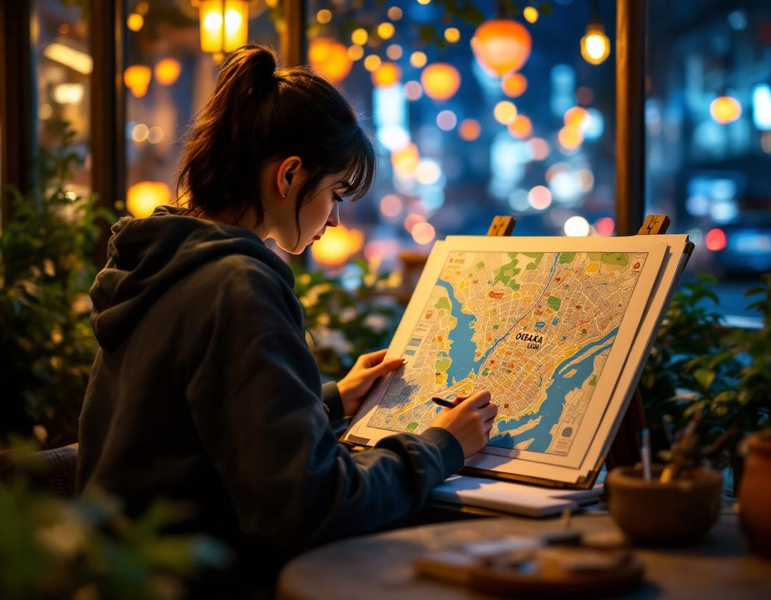 Artiste dessinant une osaka carte sur une terrasse de café, lanternes et ruelles japonaises en fond.