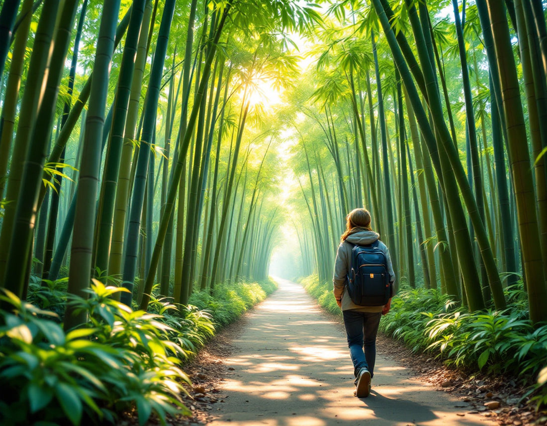 Une personne explore un sentier de bambou baigné de lumière, illustrant l'esprit des voyages japon.