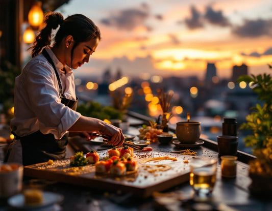 Chef fusionnant osaka dijon sur terrasse au crépuscule en préparant des sushis raffinés.