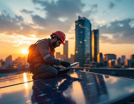 Ingénieur inspecte panneaux solaires sur toit urbain, évoquant protocoles de kyoto et avenir vert.