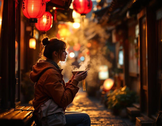 voyage au japon agence: un voyageur dégustant un bol de ramen sous des lanternes rouges dans une rue