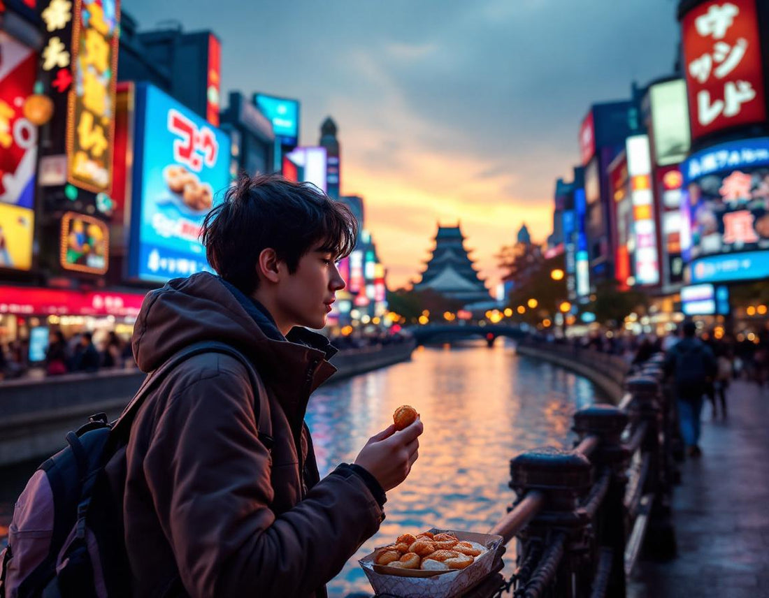 Un voyageur déguste des takoyaki au bord du canal de Dotonbori, lumières néon, osaka que visiter