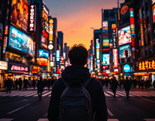 Voyageur au Shibuya crossing illuminé par des néons, moment fort d'un japon tokyo visite vibrant.
