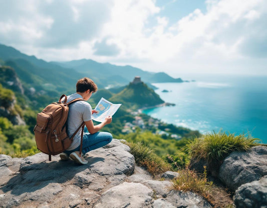 Un voyageur consulte une okinawa japon carte sur une falaise, Shuri et la mer forment l'horizon.