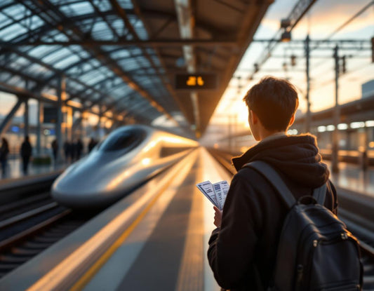Voyageur avec shinkansen tickets sur un quai lumineux à l’aube, prêt à monter dans le train rapide.