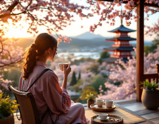 Voyage organisé japon tout compris : voyageur savourant un thé matcha en terrasse face aux cerisiers