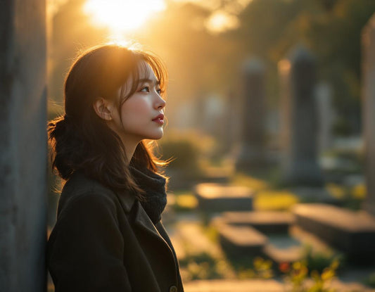 Jeune survivant contemple un mémorial serein évoquant la bombe atomique sur hiroshima dans la ville