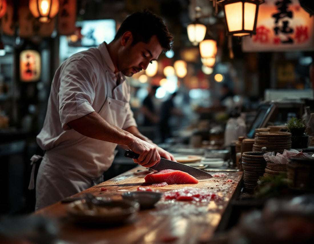 Un chef d’osaka sushi découpe du thon frais sur un comptoir en bois, éclairé par des lanternes.