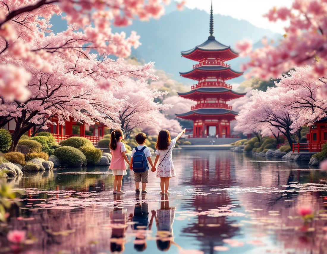 Famille sous cerisiers en fleurs à Kyoto, joie et émerveillement en voyage en famille japon.