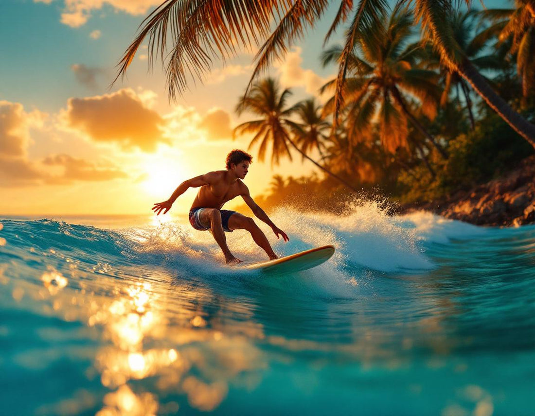 Surfeuse sur une vague au lever du jour à l’île okinawa, palmiers ondulants et lumière dorée.