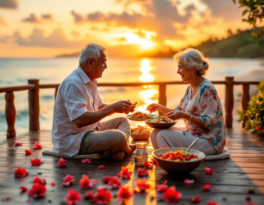 Couple partageant un repas sur terrasse au coucher du soleil, dining in okinawa, atmosphère paisible.