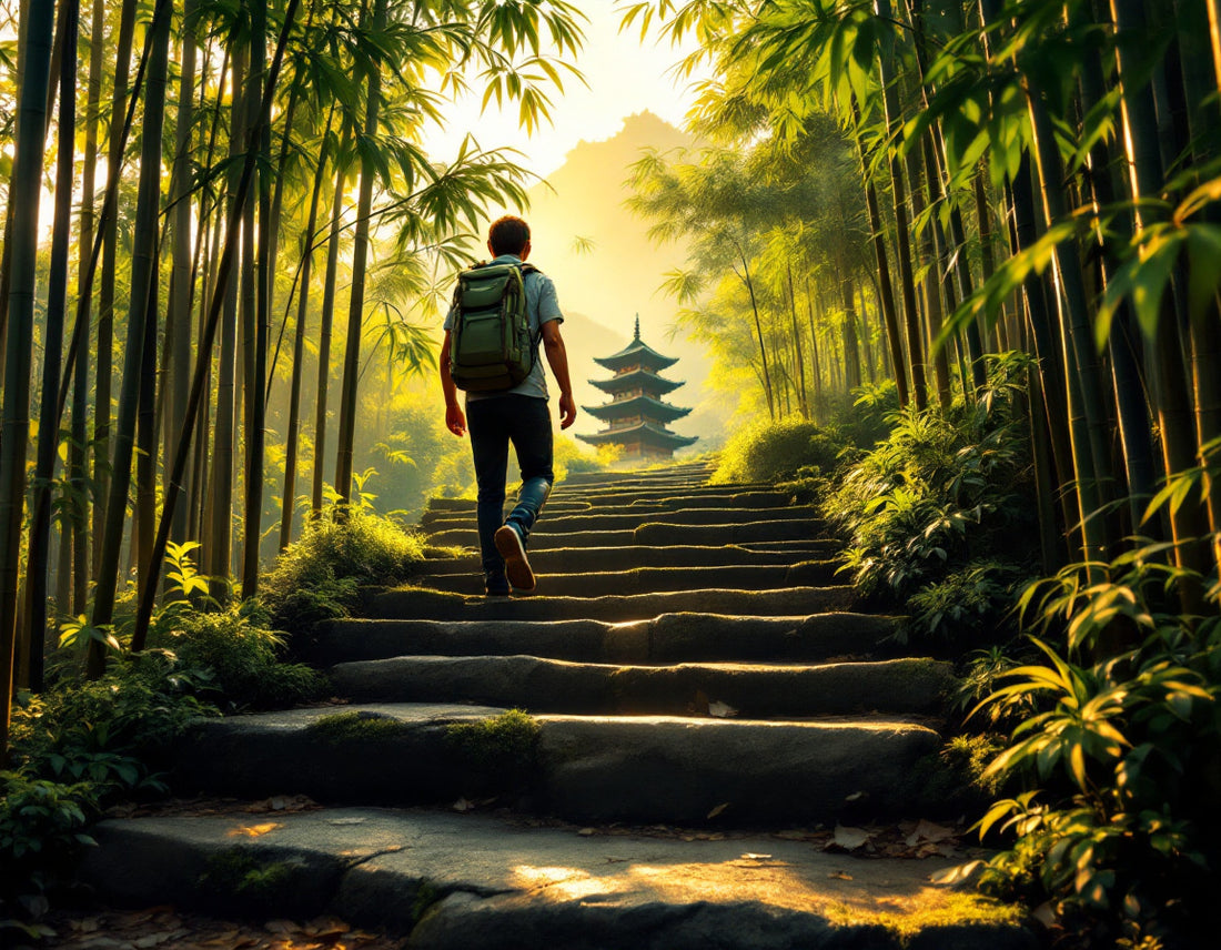 Voyage japon circuit : randonneur gravit marches de bambou sous lumière dorée, pagode entre troncs.