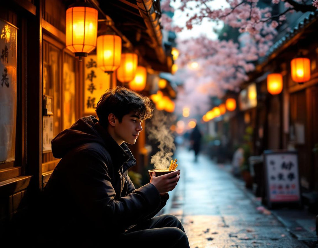 Un voyage circuit japon : un touriste savoure un ramen à Kyoto sous lanternes et cerisiers.